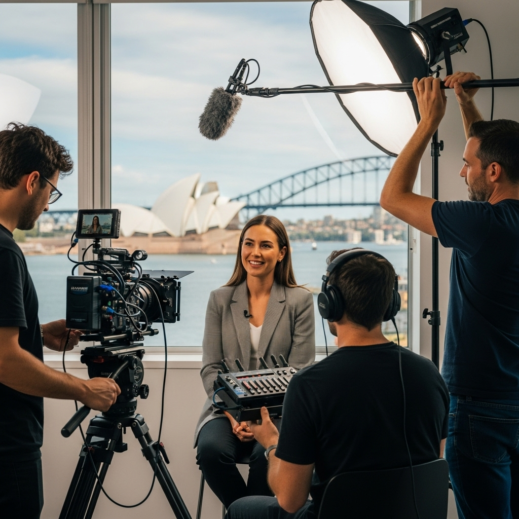 Professional video production crew working with small business client