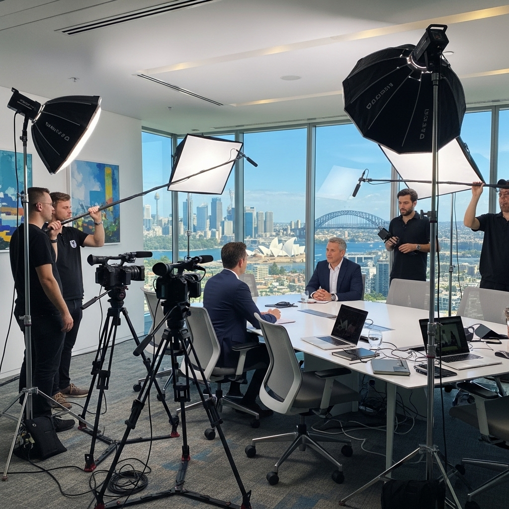 Professional video production setup filming corporate testimonial in modern Sydney office