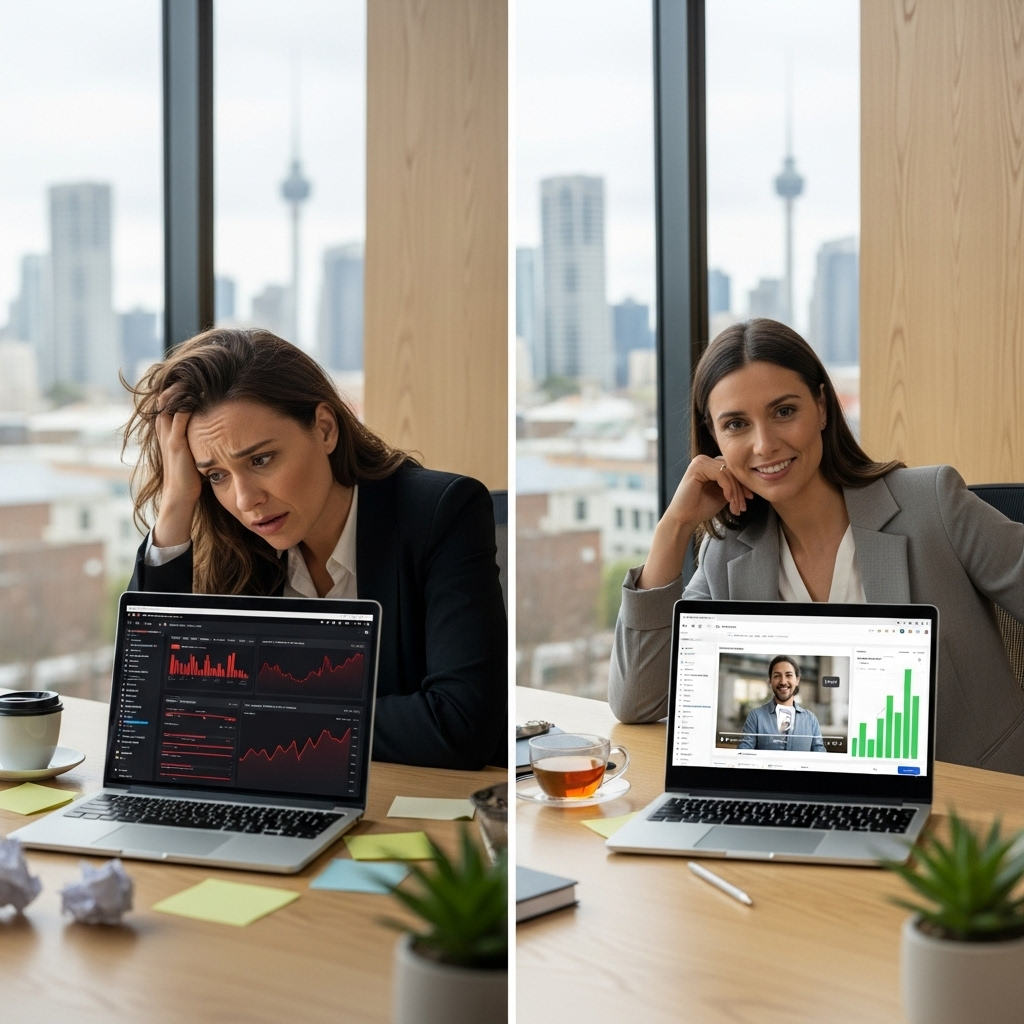Before and after comparison showing business owner transformation from stressed to confident