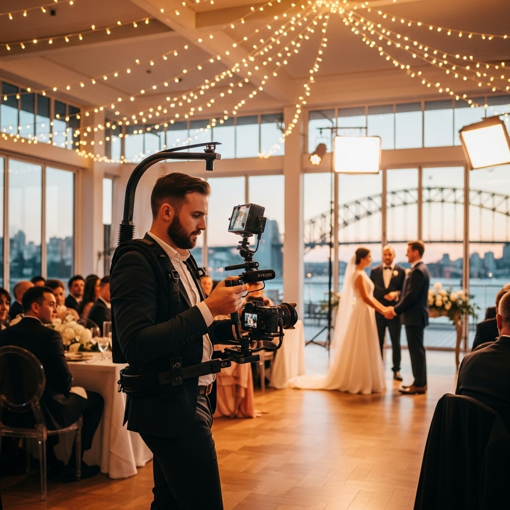 Professional event videographer filming wedding ceremony in Sydney with harbour views