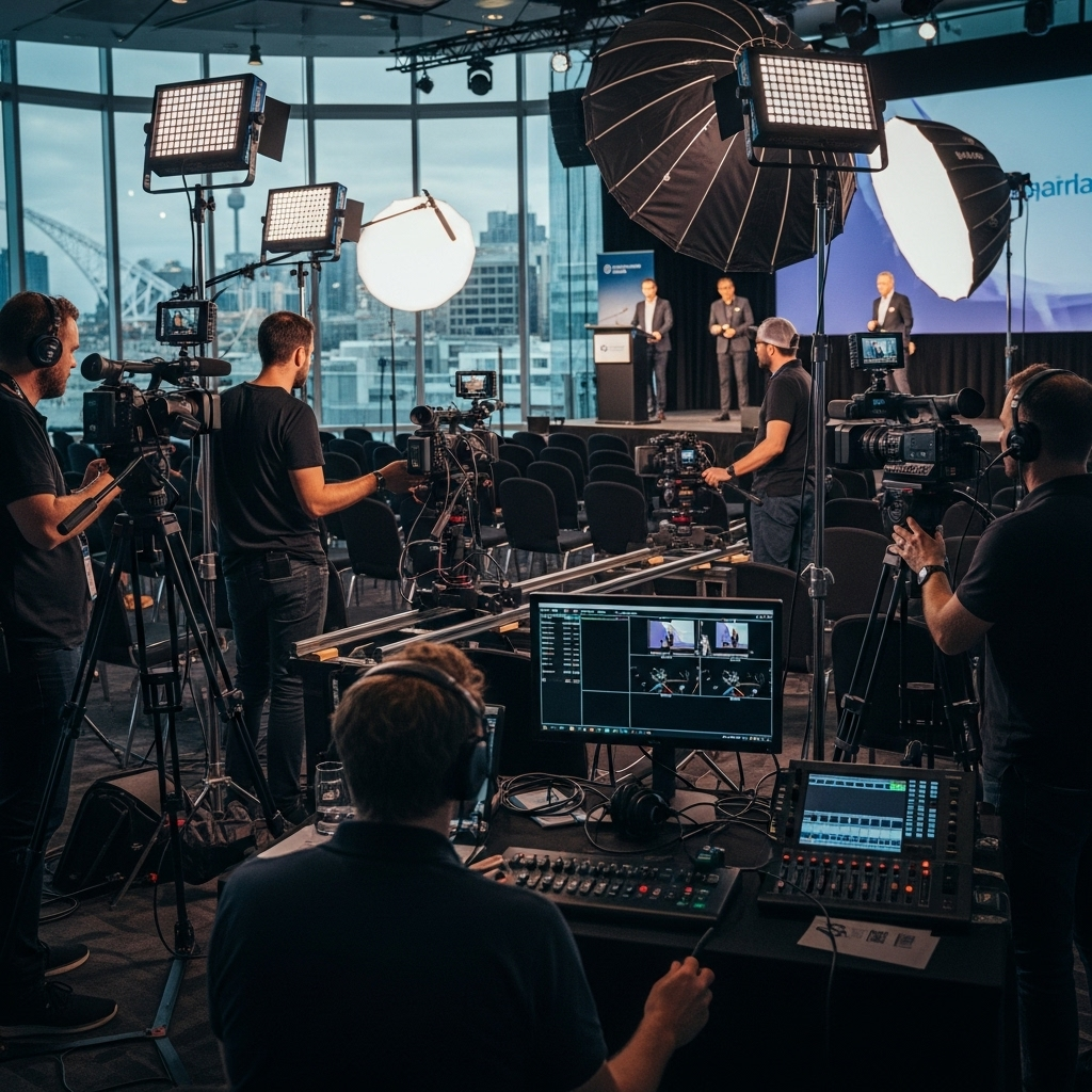 Behind the scenes multi-camera event video production setup in modern Sydney venue