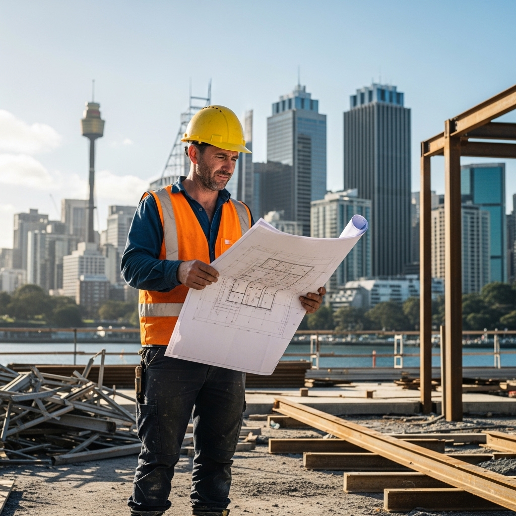 Professional construction worker reviewing plans on Sydney building site
