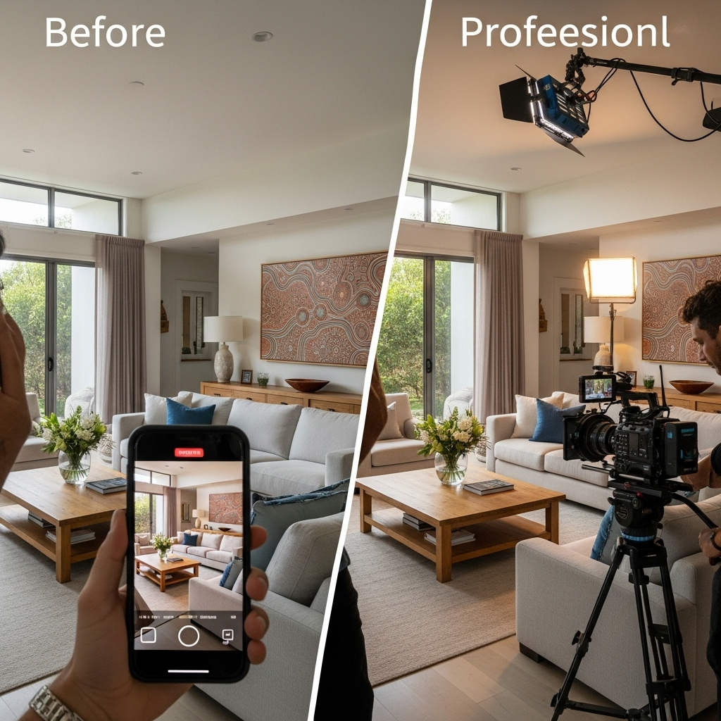 Before and after comparison of professional video production setup in luxury home