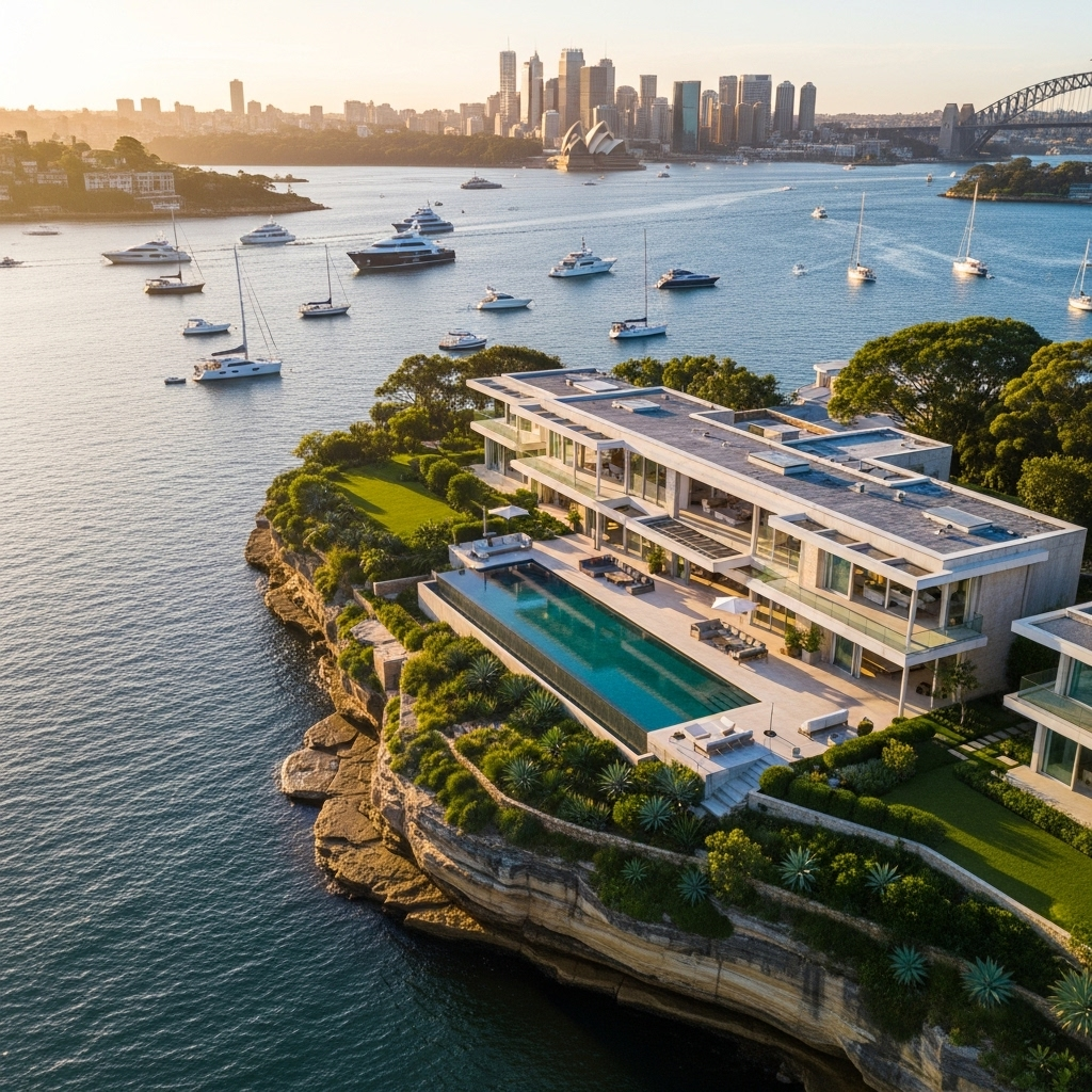 Professional drone footage of luxury waterfront property in Sydney harbor