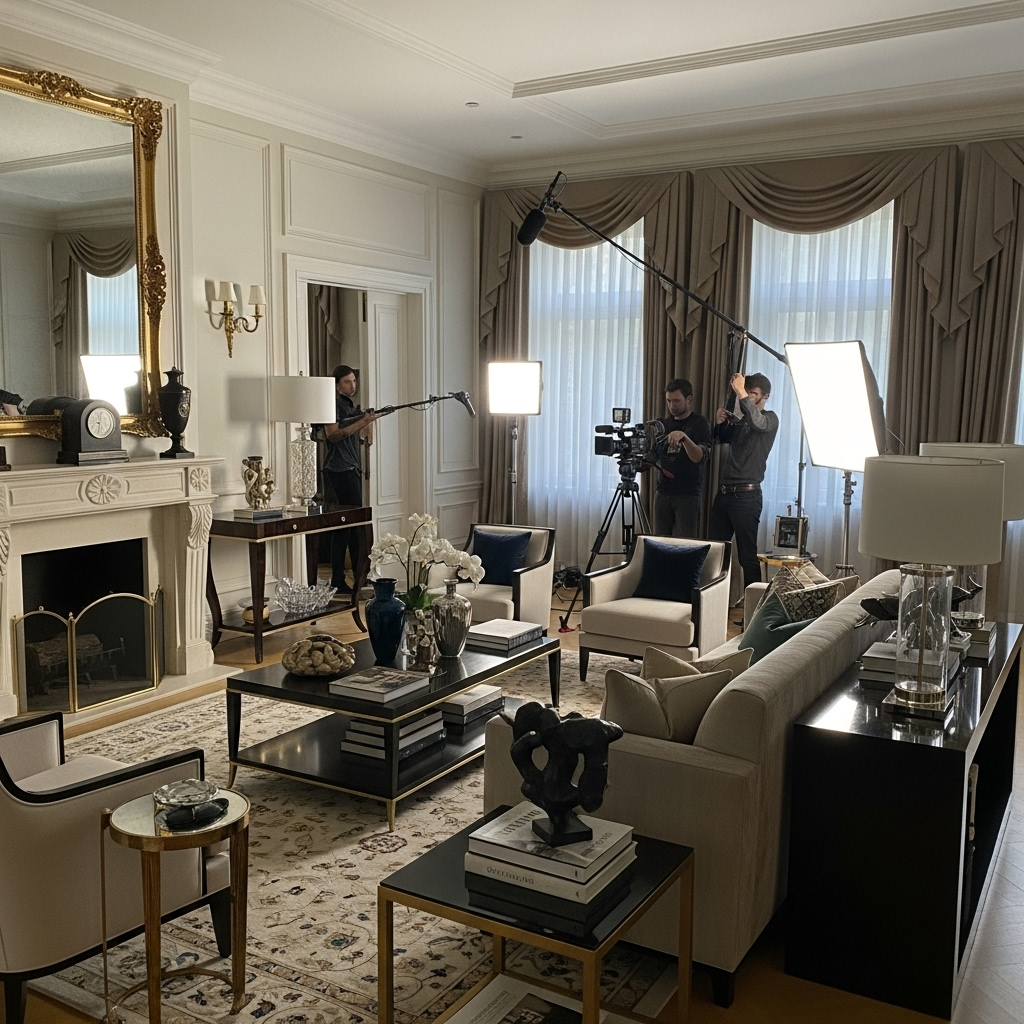 High-end property staging setup with professional lighting and film crew