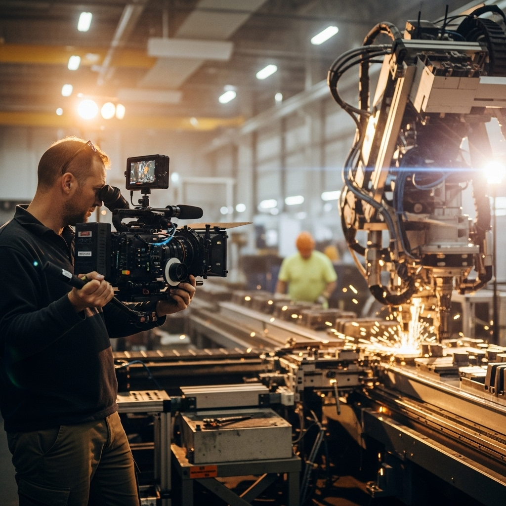 Professional videographer filming in modern manufacturing facility
