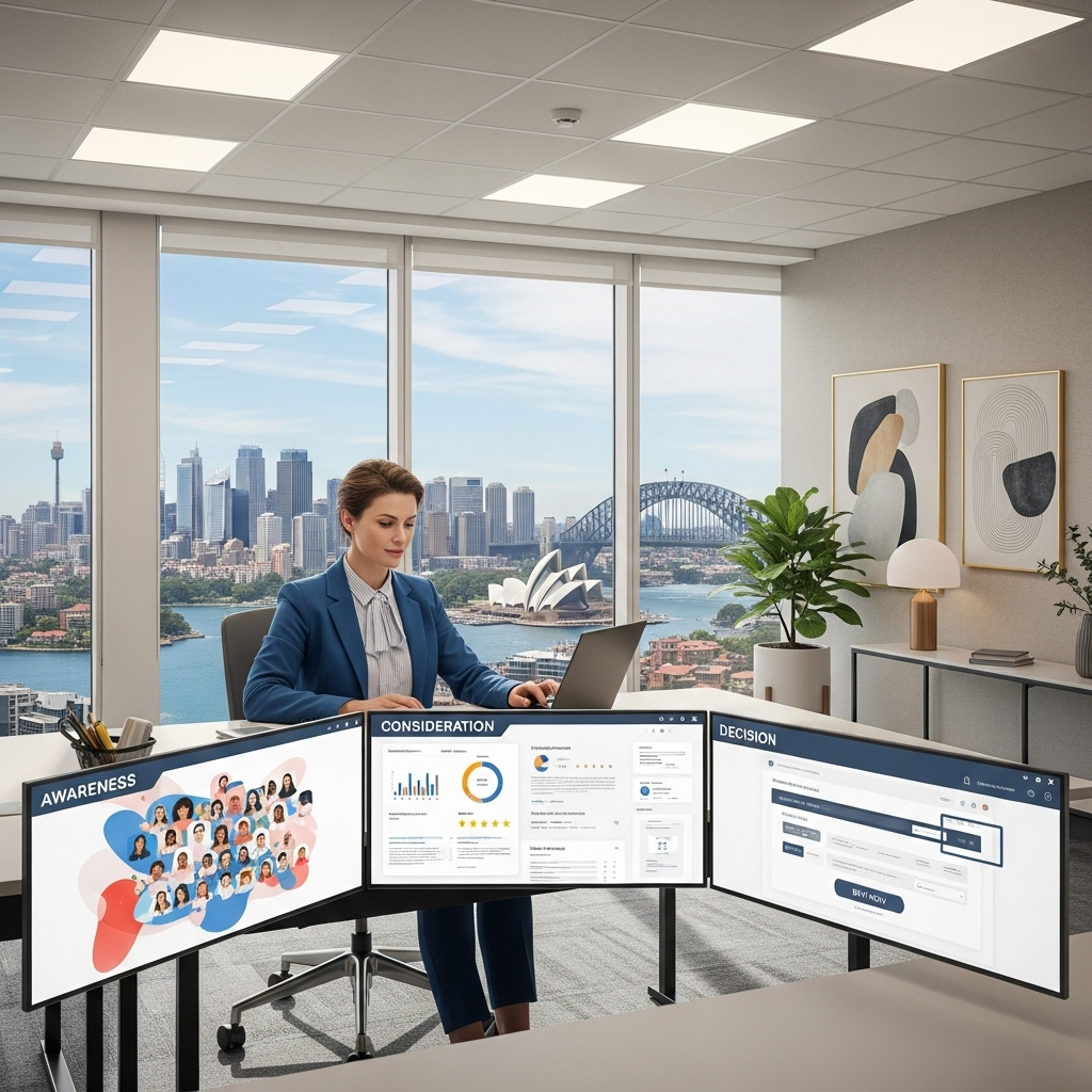 Business professional reviewing customer journey video strategy across multiple stages
