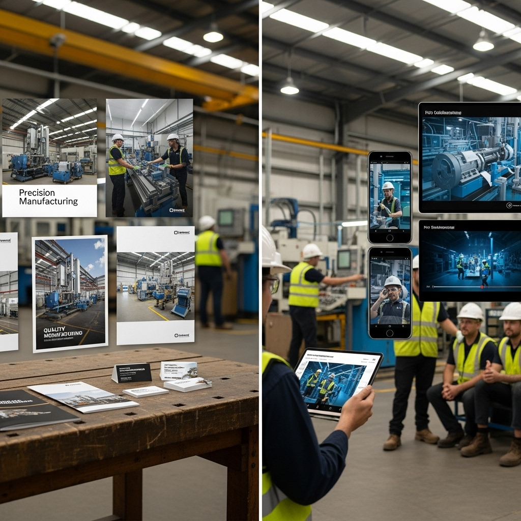 Traditional manufacturing marketing versus modern video content comparison