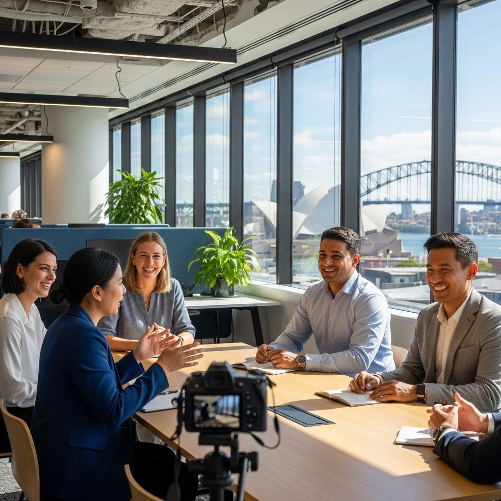 Professional office environment with employees sharing authentic work experiences on camera