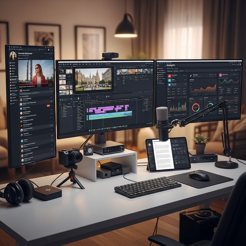Modern content creator workspace with multiple screens showing video distribution strategy