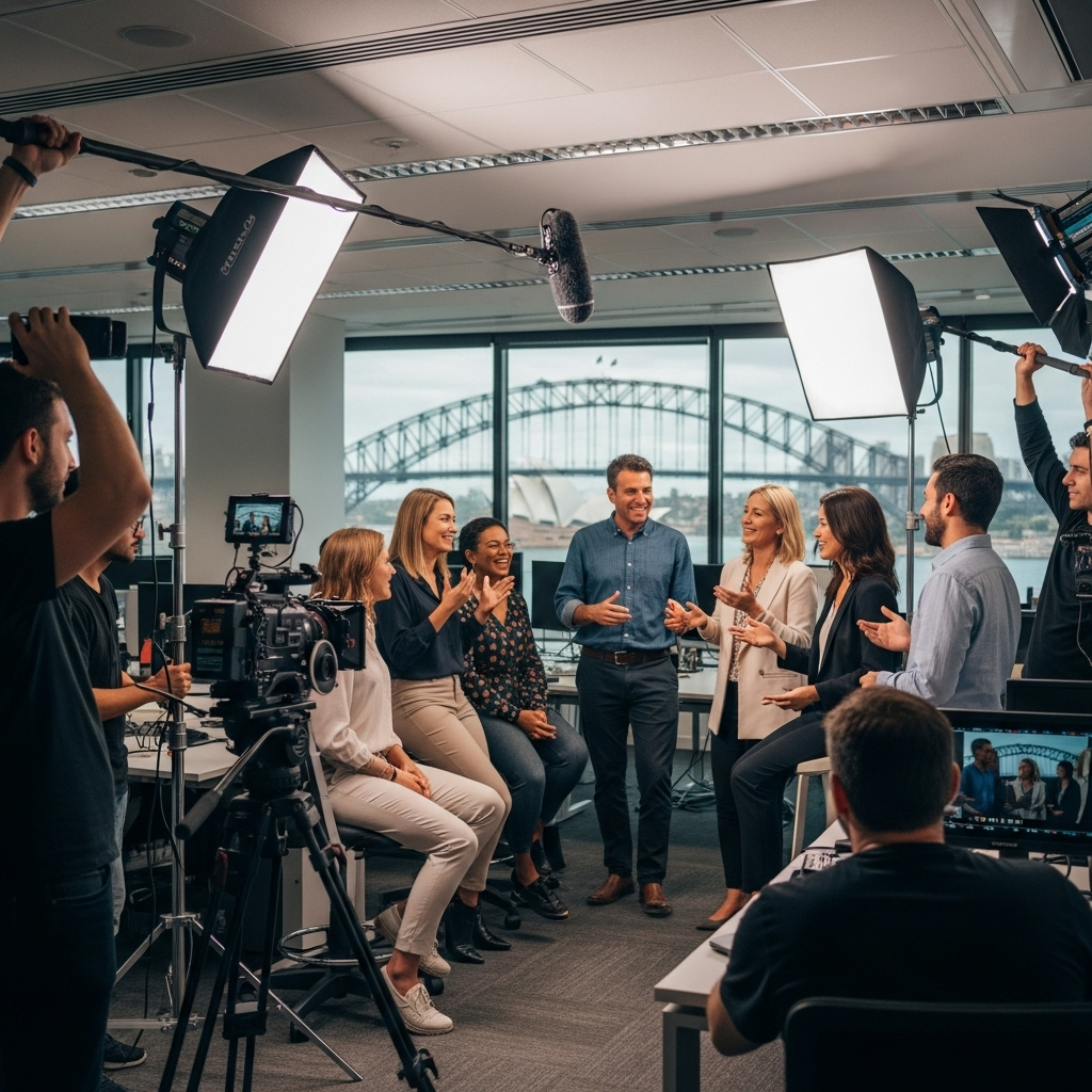 Behind the scenes of employee testimonial video production in Sydney office setting