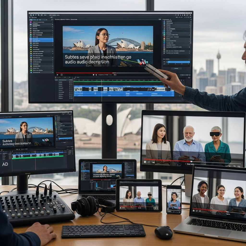 Professional video production setup showing accessibility features being added including captions and diverse viewing options