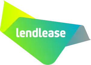 The image shows the Lendlease logo, featuring the word lendlease in bold white lowercase letters on a geometric, angular shape with a gradient background—ideal for video production Sydney projects seeking vibrant branding.