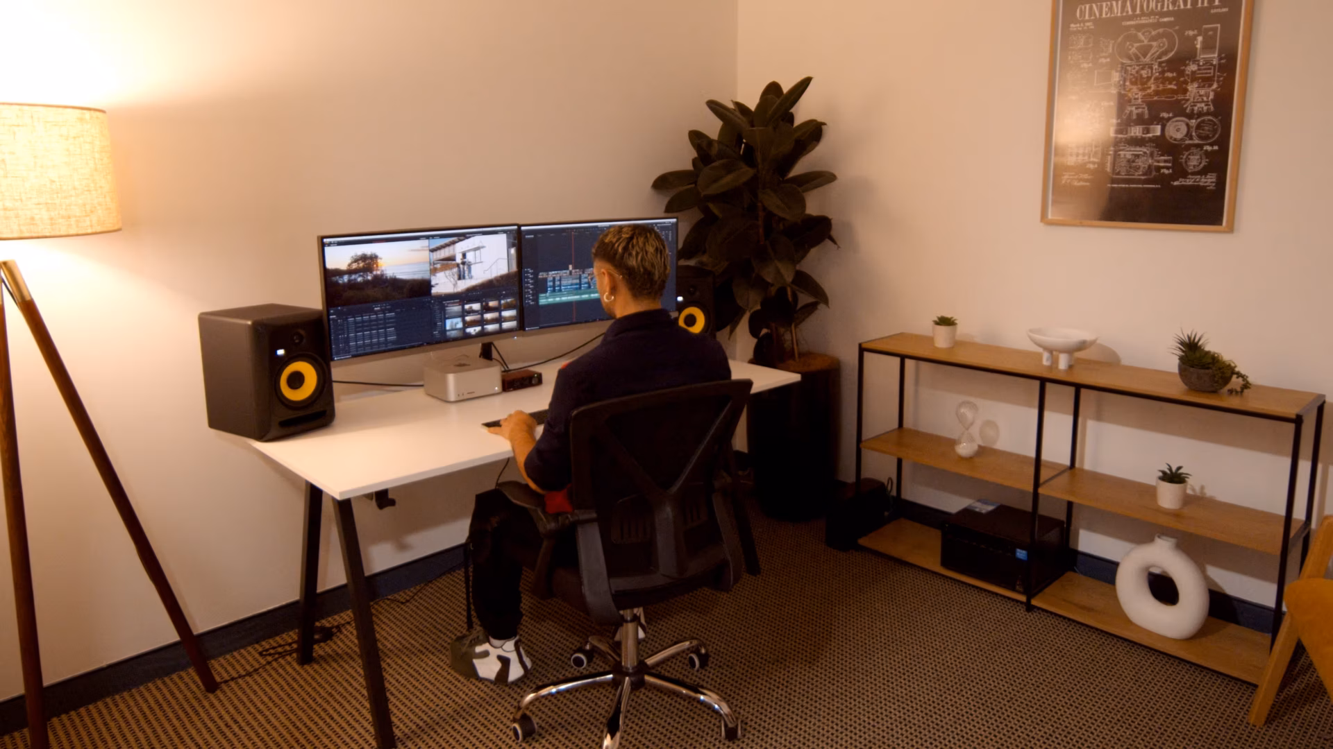 A person sits at a white desk in a modern office, editing videos for a video production Sydney company on dual monitors. The workspace features studio speakers, a desktop computer, a large potted plant, and minimalist shelves with decor.