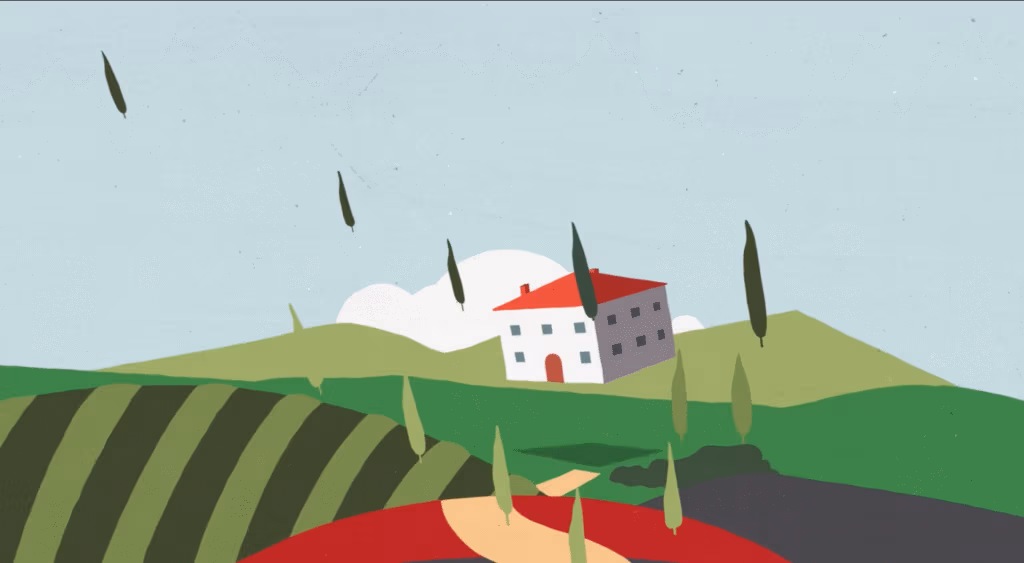 A stylised illustration of a countryside landscape features a white house with a red roof on a green hill, tall thin trees, a winding path, striped fields, and a cloudy sky. The colours are soft and muted, giving a calm, pastoral feel.