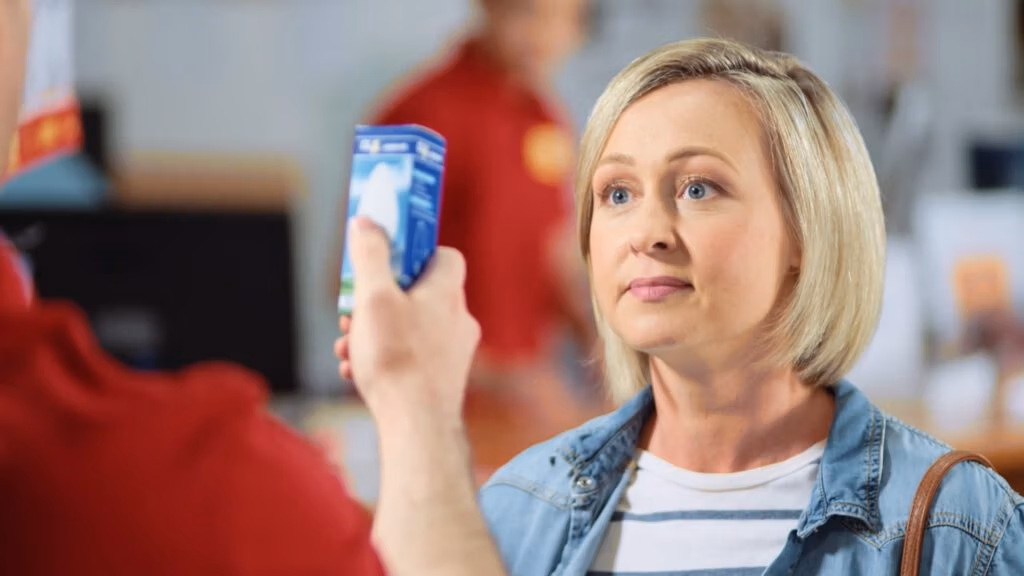 A blonde woman in a denim jacket and striped shirt looks attentively at a person holding up a blue product box to her. The background is blurred, suggesting an indoor retail or pharmacy setting, with another person visible in red clothing.