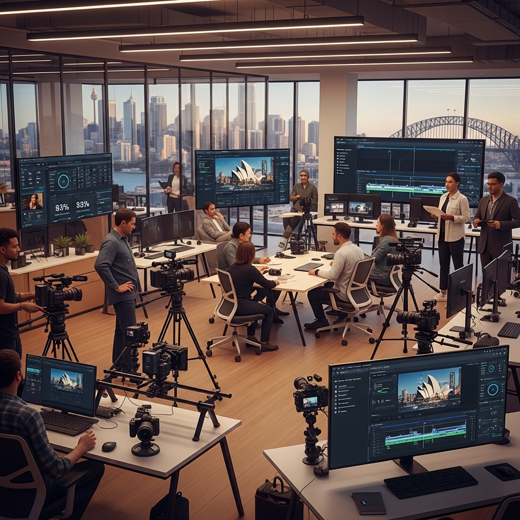 A modern office with large windows overlooks a city skyline and iconic bridge. People collaborate at tables whilst being filmed by multiple cameras. Monitors show data, video editing, and Sydney Opera House. The atmosphere is busy and professional, blending media and technology.