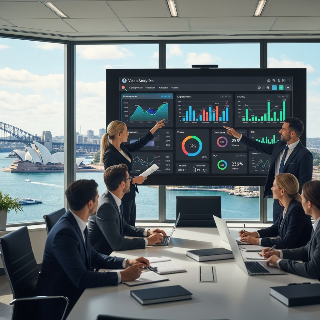 A group of businesspeople in a modern conference room with large windows view Sydney Opera House. Two presenters point at charts and graphs on a large screen showing video analytics. Attendees sit round a table, listening and taking notes.