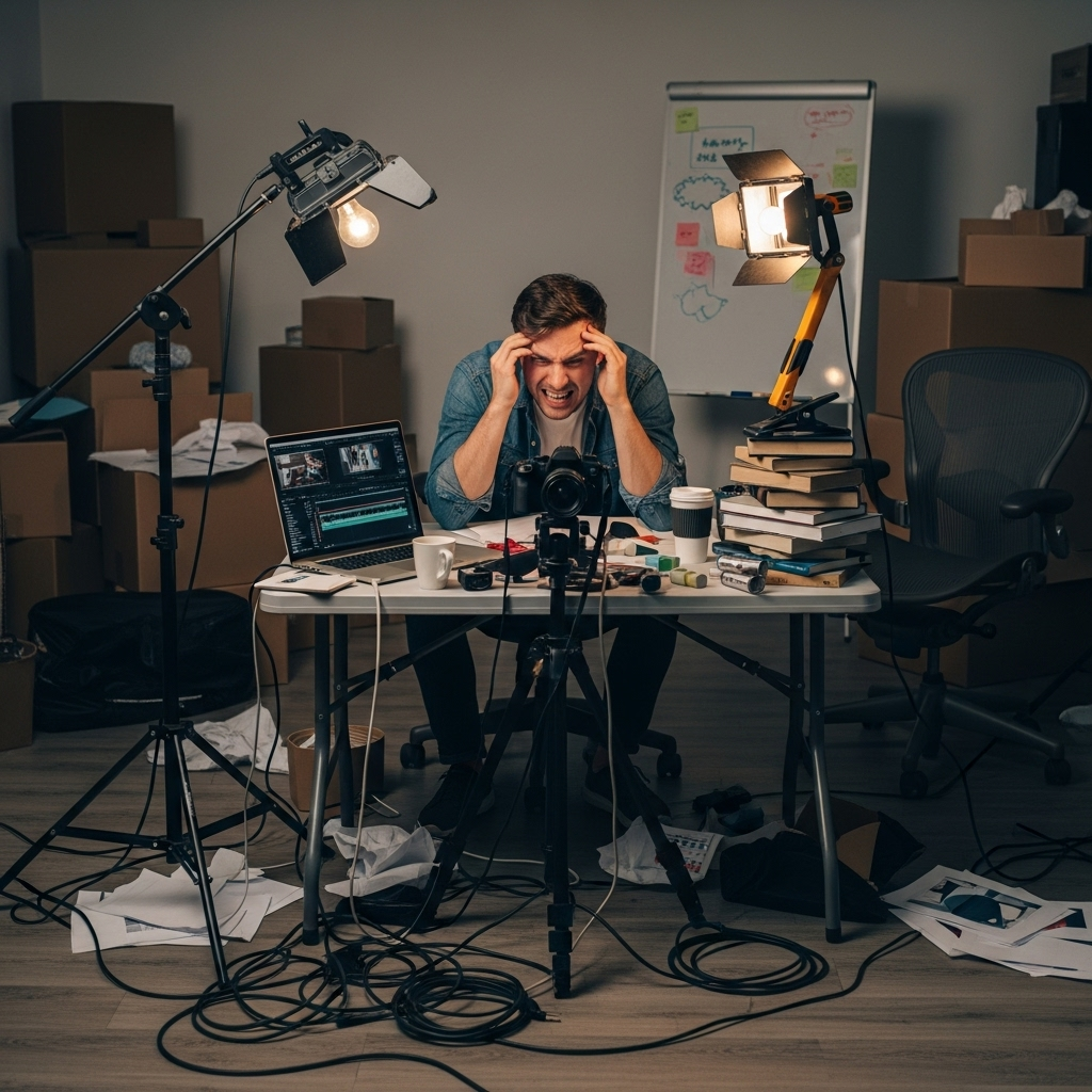 A stressed man sits at a cluttered desk with his head in his hands, surrounded by camera equipment, books, papers, and coffee cups. Behind him are packed boxes and a whiteboard. The workspace appears chaotic and disorganised.